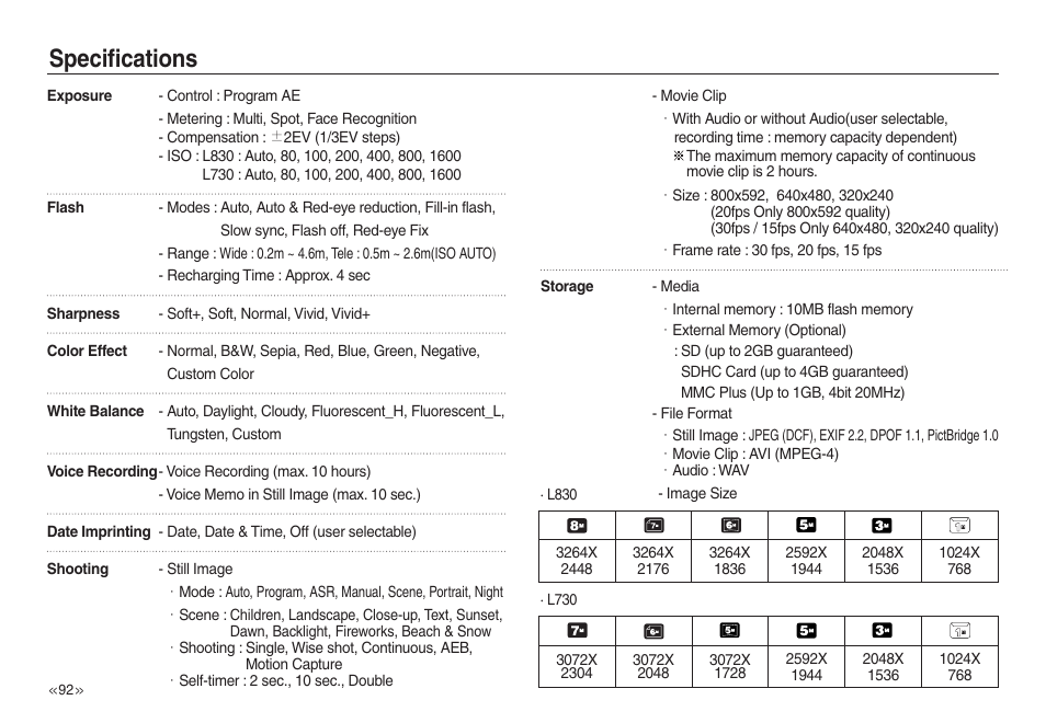 Specifications | Samsung L730 User Manual | Page 93 / 111