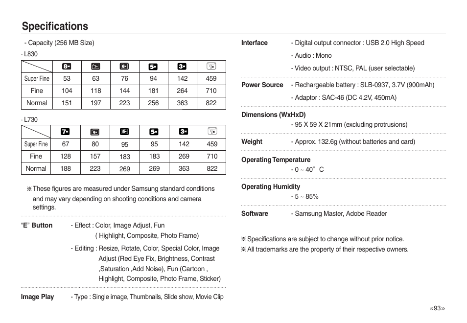 Specifications | Samsung L730 User Manual | Page 94 / 111