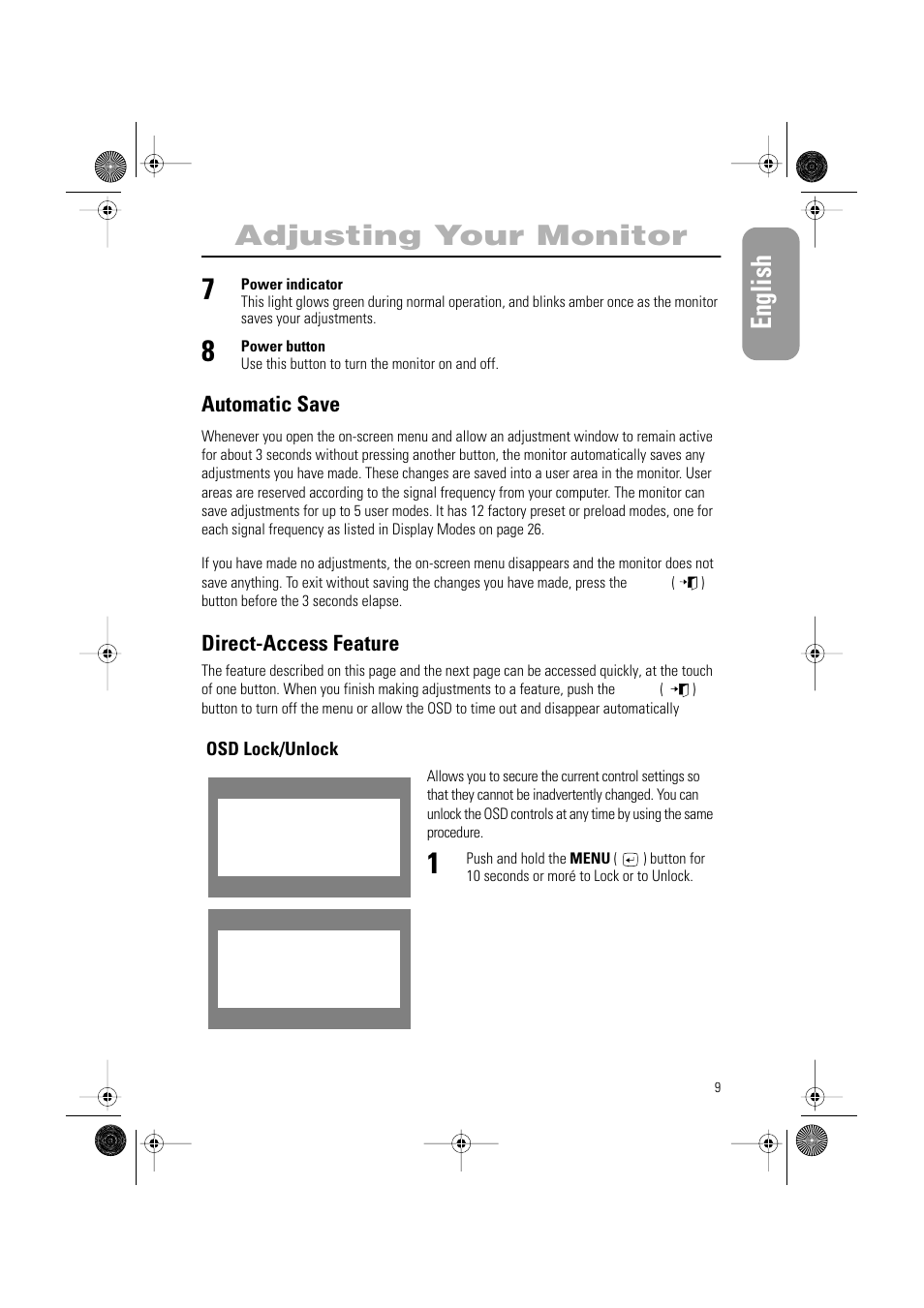 English adjusting your monitor, Automatic save, Direct-access feature | Samsung AQ17ISBU User Manual | Page 11 / 29