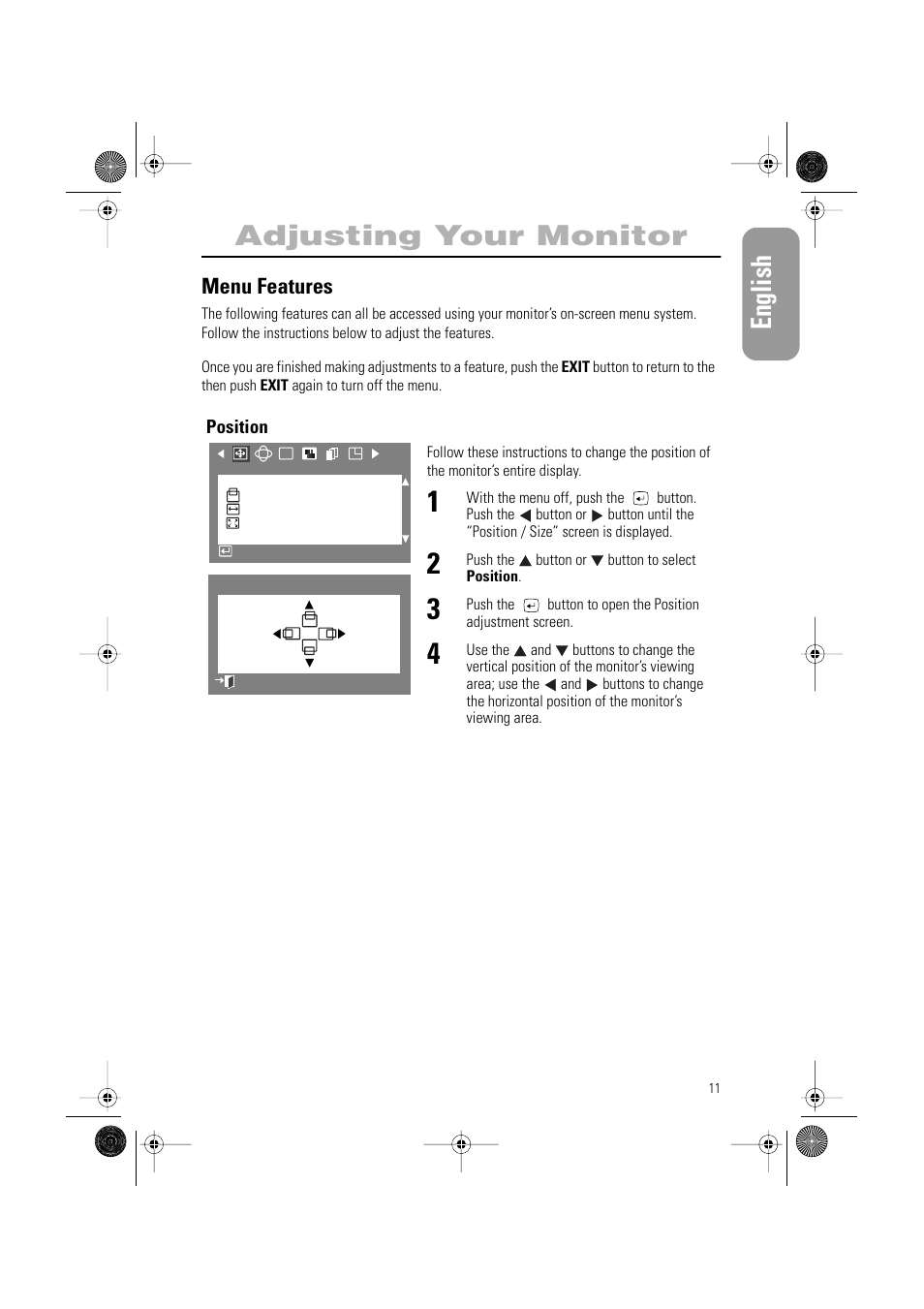 English adjusting your monitor, Menu features | Samsung AQ17ISBU User Manual | Page 13 / 29