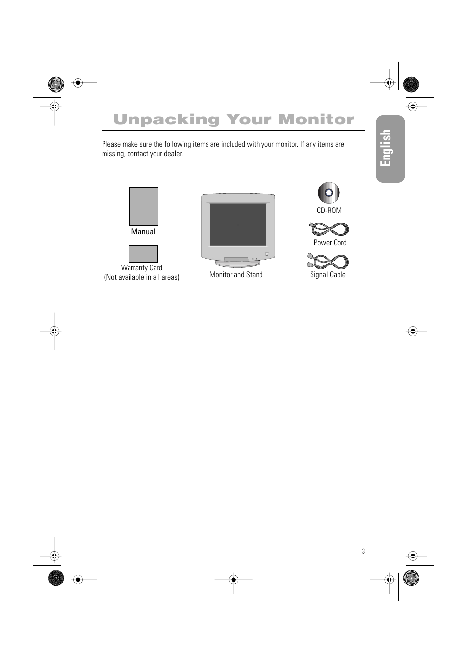 English, Unpacking your monitor | Samsung AQ17ISBU User Manual | Page 5 / 29