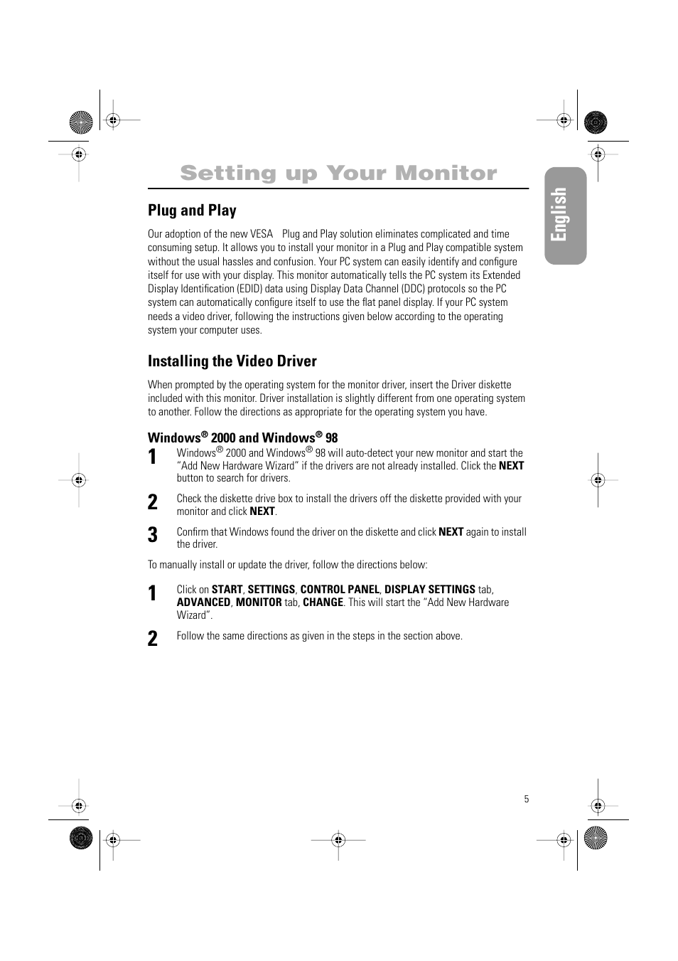 English, Setting up your monitor, Plug and play | Installing the video driver | Samsung AQ17ISBU User Manual | Page 7 / 29