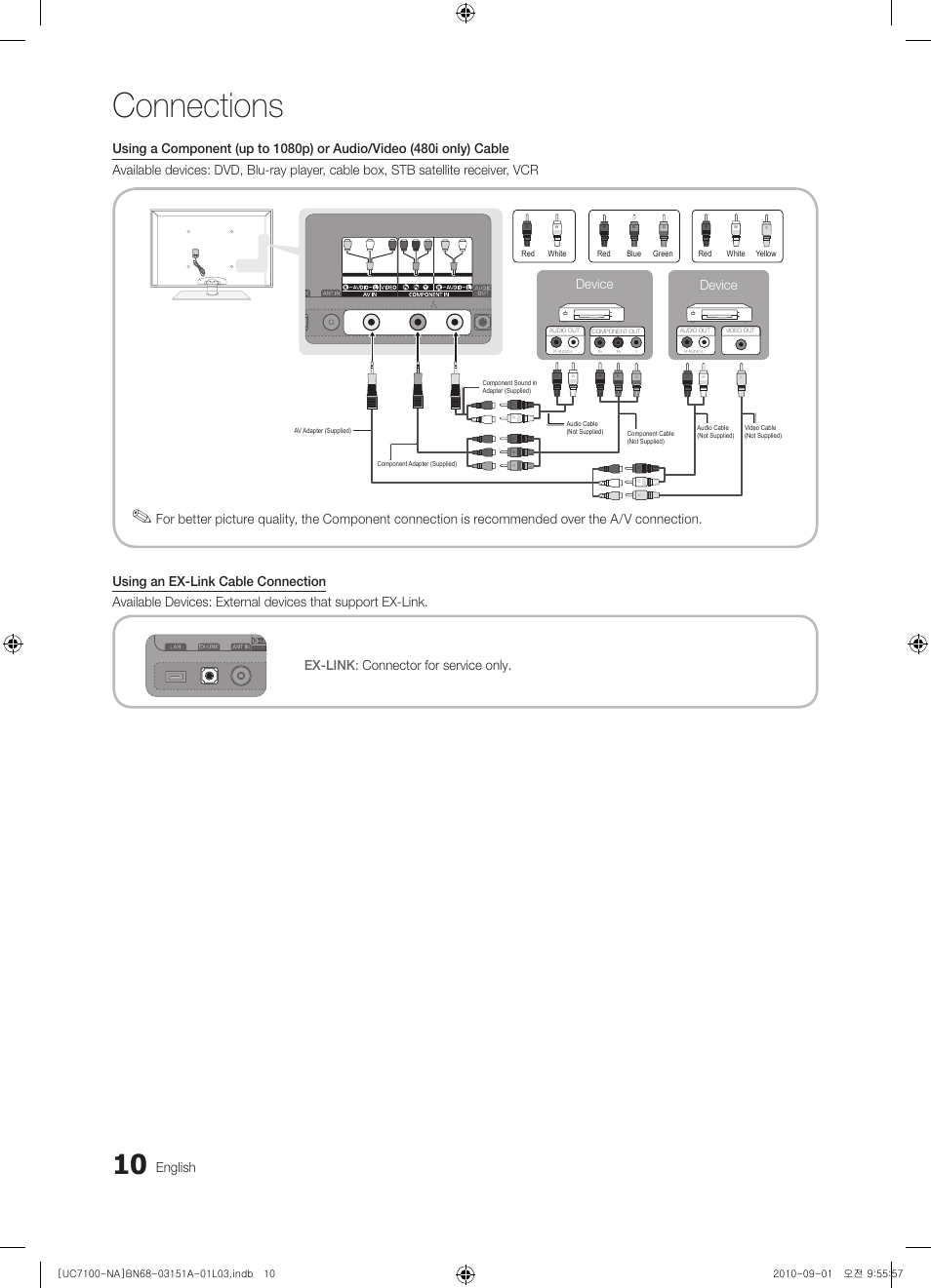Connections, English, Device | Samsung UN46C7100WFXZA User Manual | Page 10 / 201