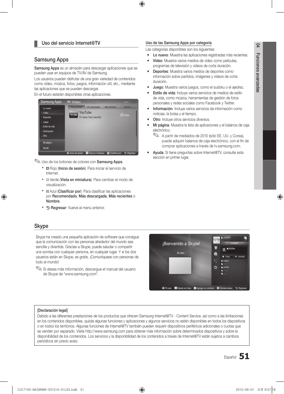 Samsung apps, Skype, Uso del servicio internet@tv | Samsung UN46C7100WFXZA User Manual | Page 118 / 201