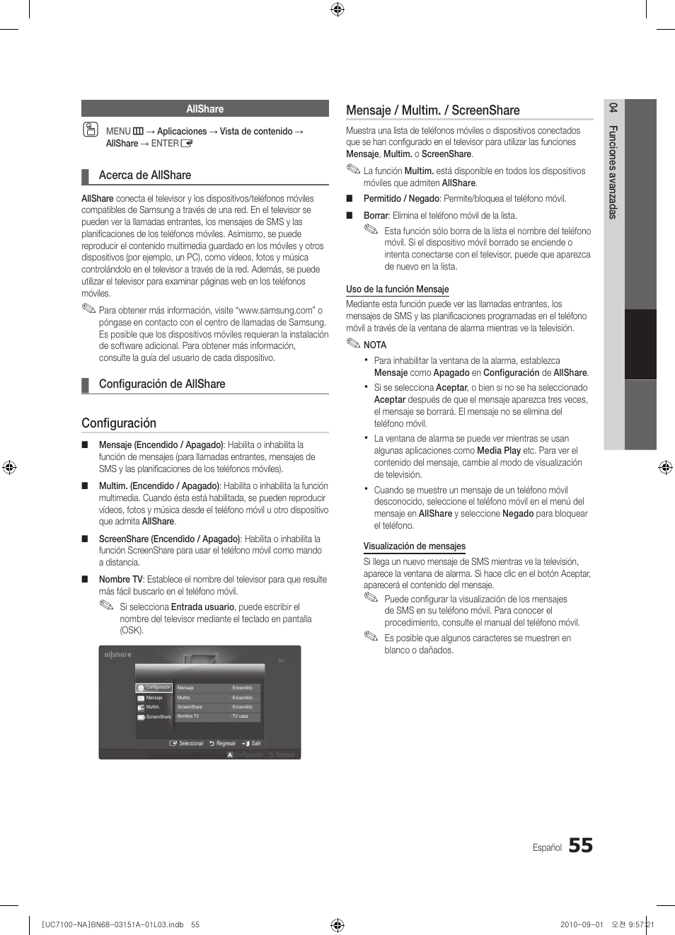 Configuración, Mensaje / multim. / screenshare | Samsung UN46C7100WFXZA User Manual | Page 122 / 201
