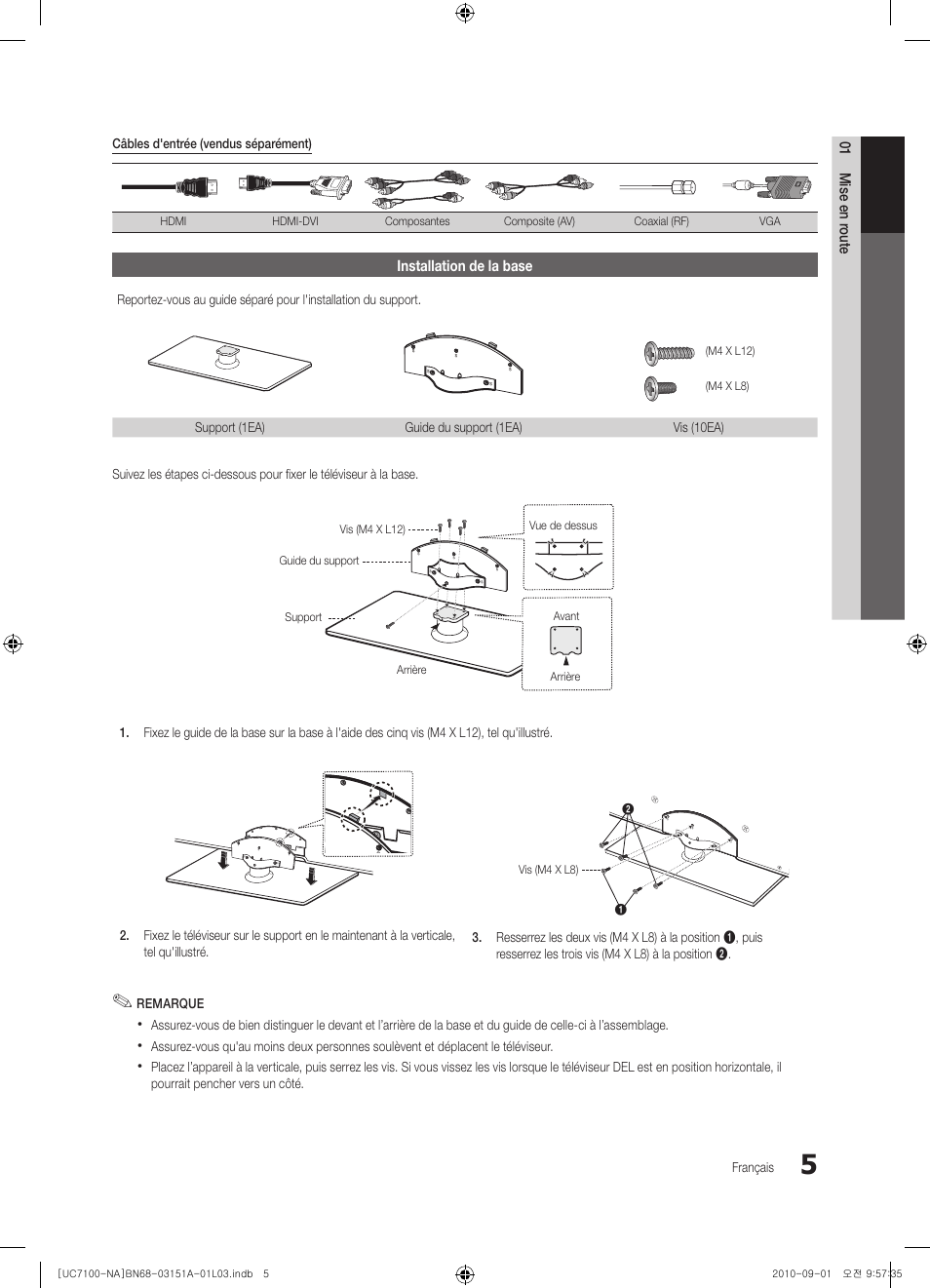 01 mise en r oute, Installation de la base | Samsung UN46C7100WFXZA User Manual | Page 139 / 201