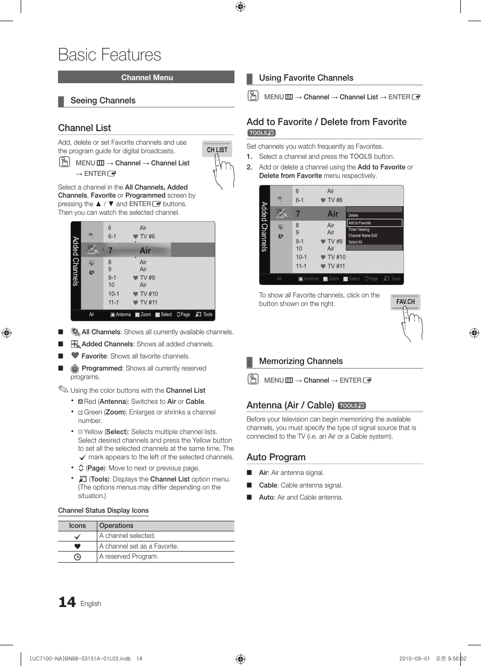 Channel menu, Basic features, Channel list | Add to favorite / delete from favorite, Antenna (air / cable), Auto program | Samsung UN46C7100WFXZA User Manual | Page 14 / 201