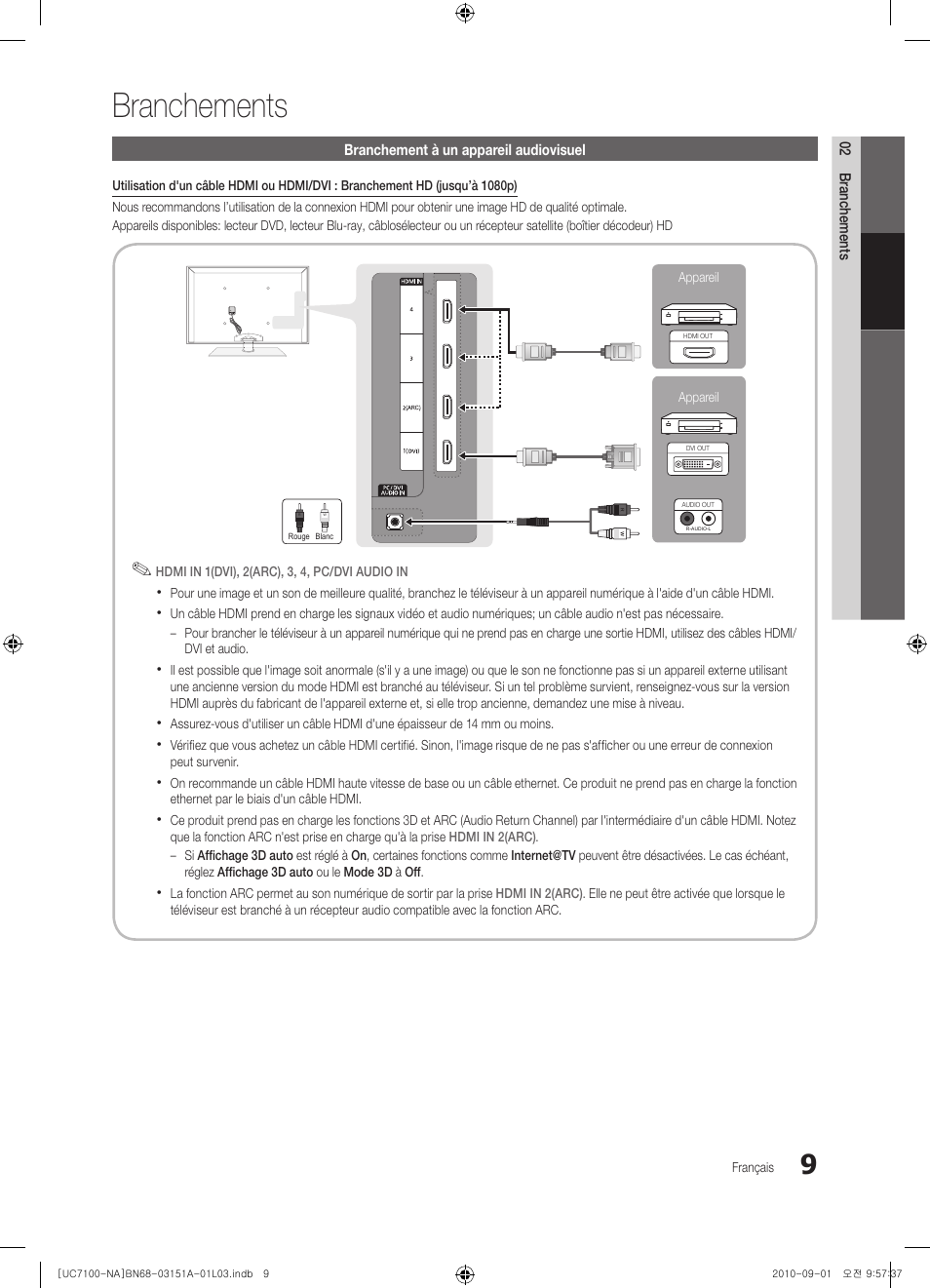 Branchements | Samsung UN46C7100WFXZA User Manual | Page 143 / 201
