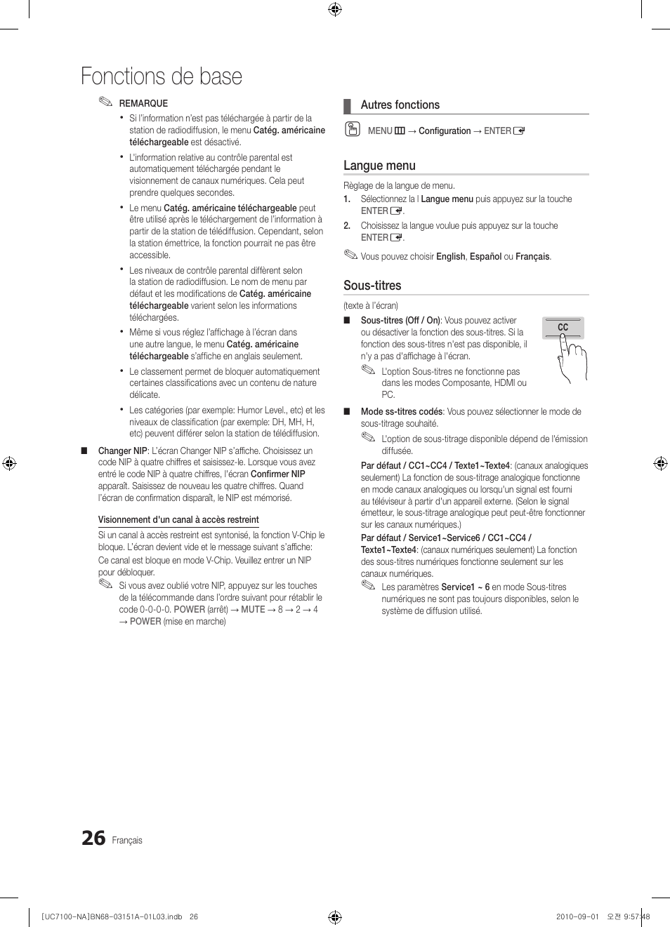 Fonctions de base | Samsung UN46C7100WFXZA User Manual | Page 160 / 201