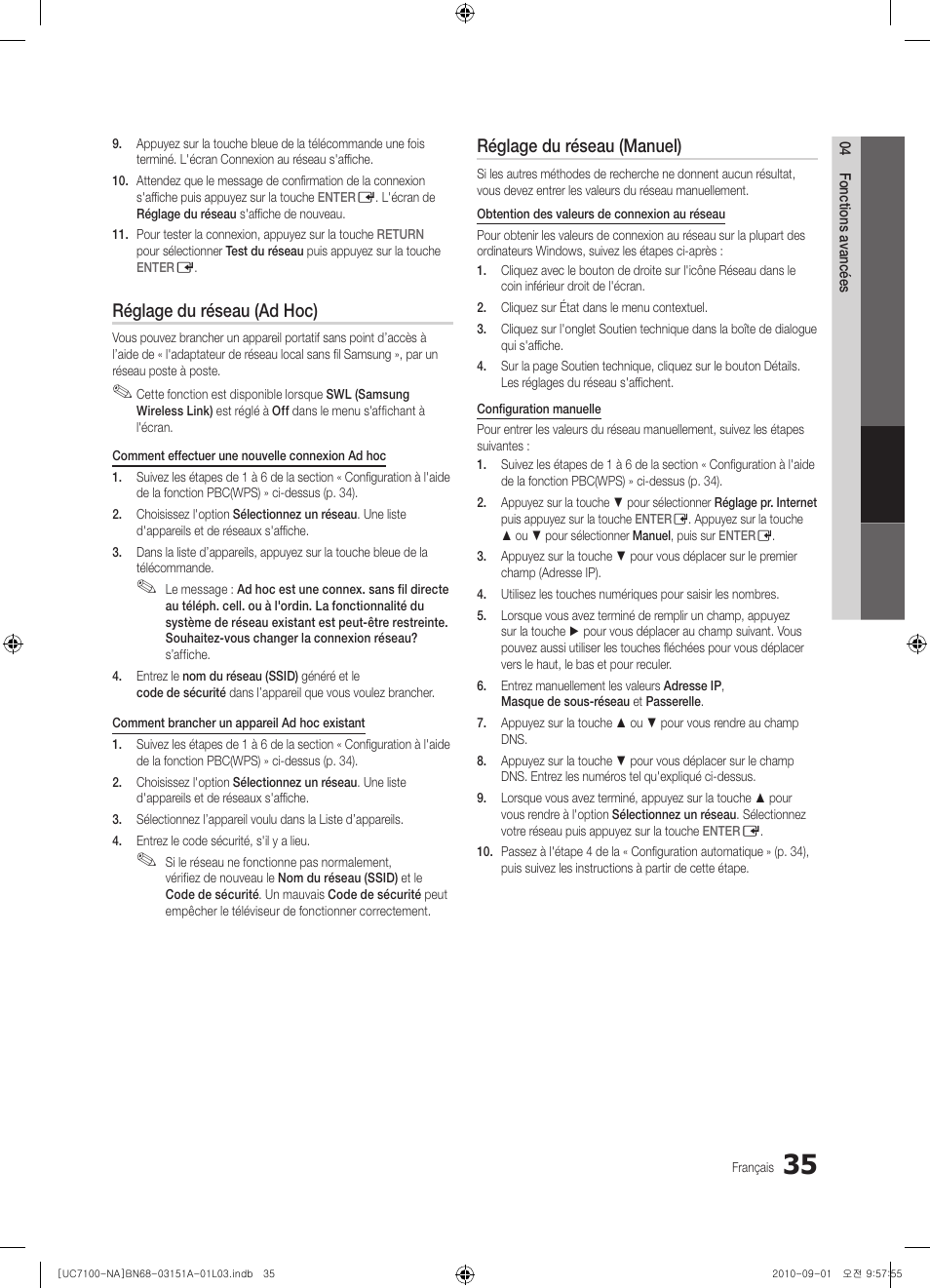 Réglage du réseau (ad hoc), Réglage du réseau (manuel) | Samsung UN46C7100WFXZA User Manual | Page 169 / 201