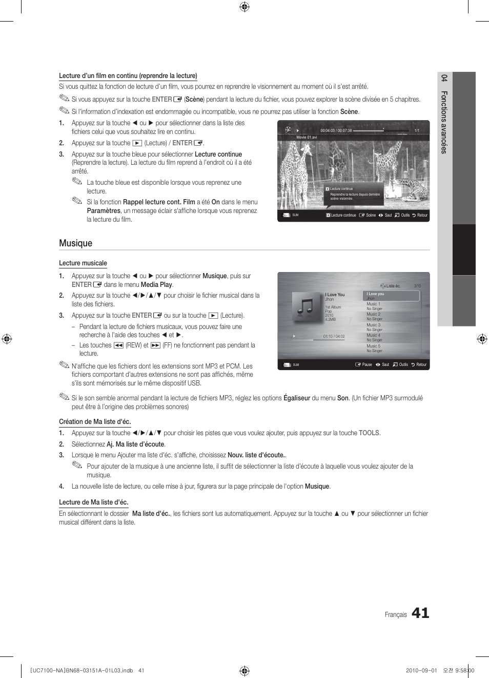 Musique | Samsung UN46C7100WFXZA User Manual | Page 175 / 201