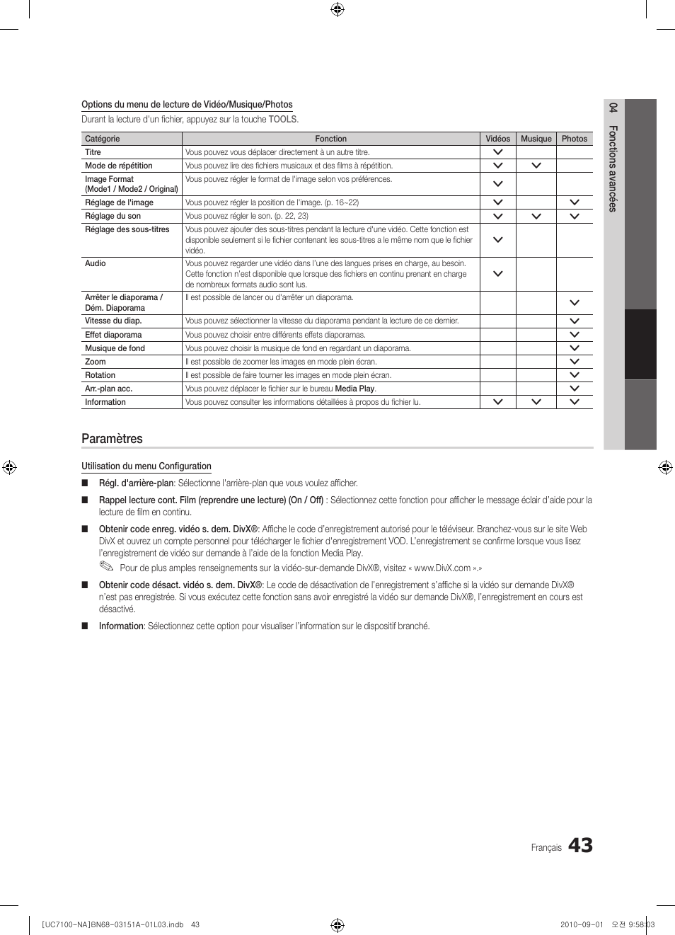 Paramètres | Samsung UN46C7100WFXZA User Manual | Page 177 / 201
