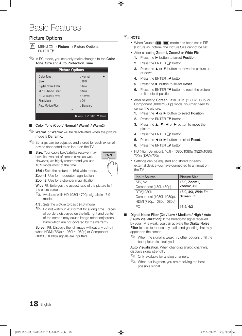 Basic features, Picture options | Samsung UN46C7100WFXZA User Manual | Page 18 / 201