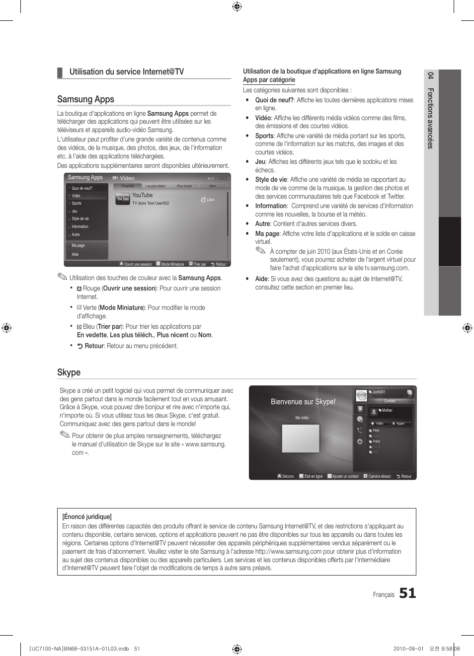 Samsung apps, Skype, Utilisation du service internet@tv | Samsung UN46C7100WFXZA User Manual | Page 185 / 201