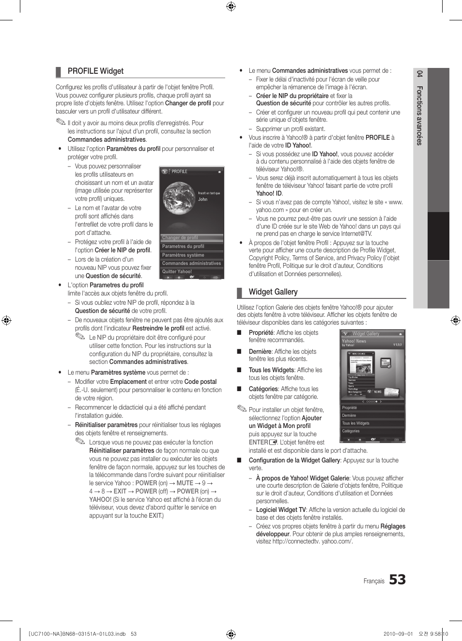 Profile widget, Widget gallery | Samsung UN46C7100WFXZA User Manual | Page 187 / 201