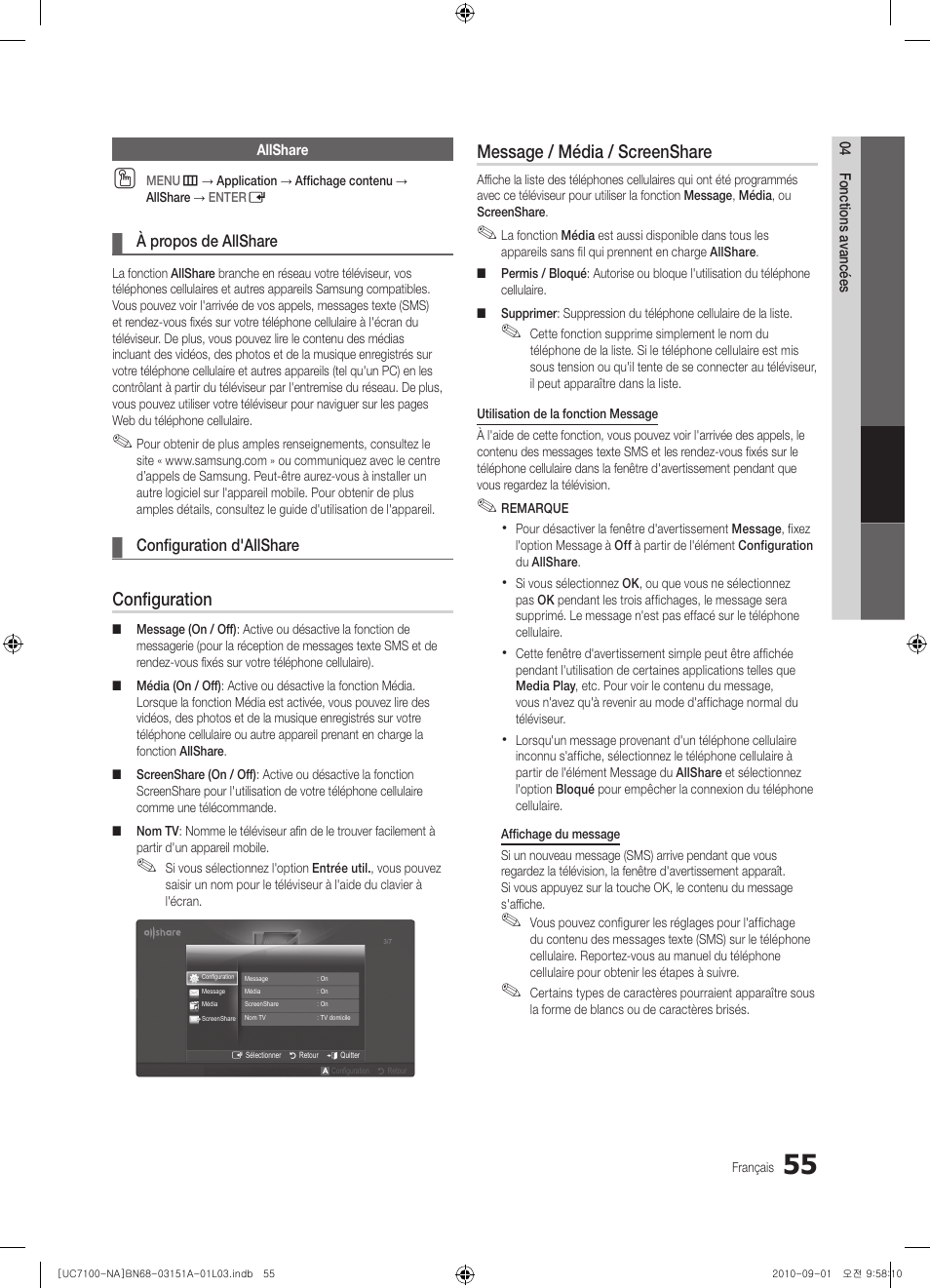 Configuration, Message / média / screenshare | Samsung UN46C7100WFXZA User Manual | Page 189 / 201