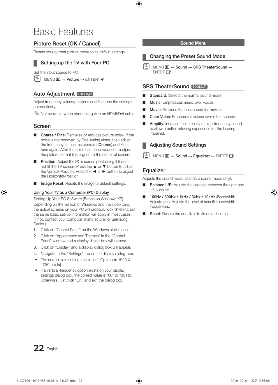 Sound menu, Basic features, Picture reset (ok / cancel) | Auto adjustment, Screen, Srs theatersound, Equalizer | Samsung UN46C7100WFXZA User Manual | Page 22 / 201