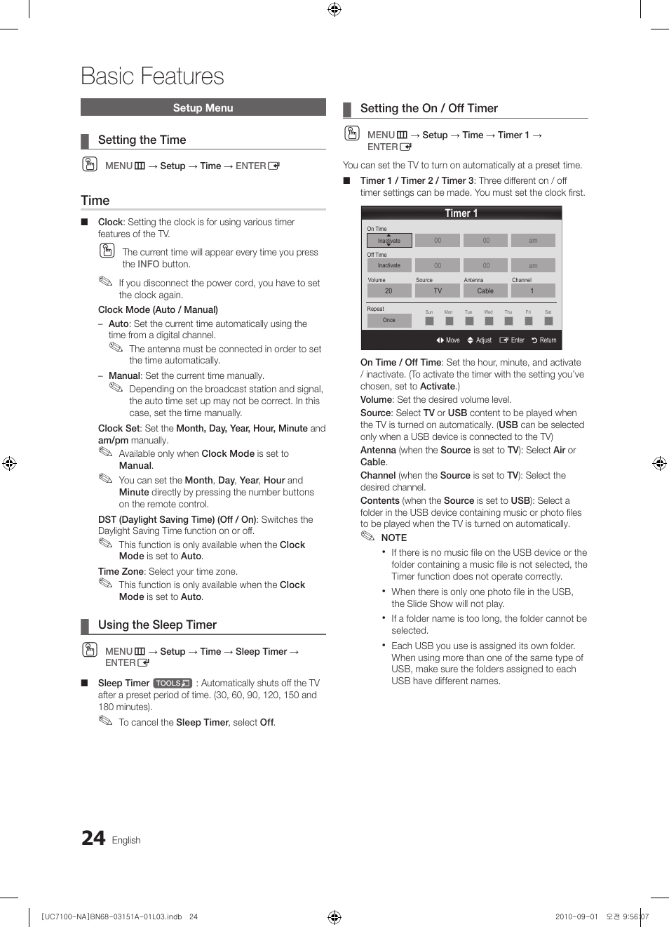 Setup menu, Basic features, Time | Samsung UN46C7100WFXZA User Manual | Page 24 / 201