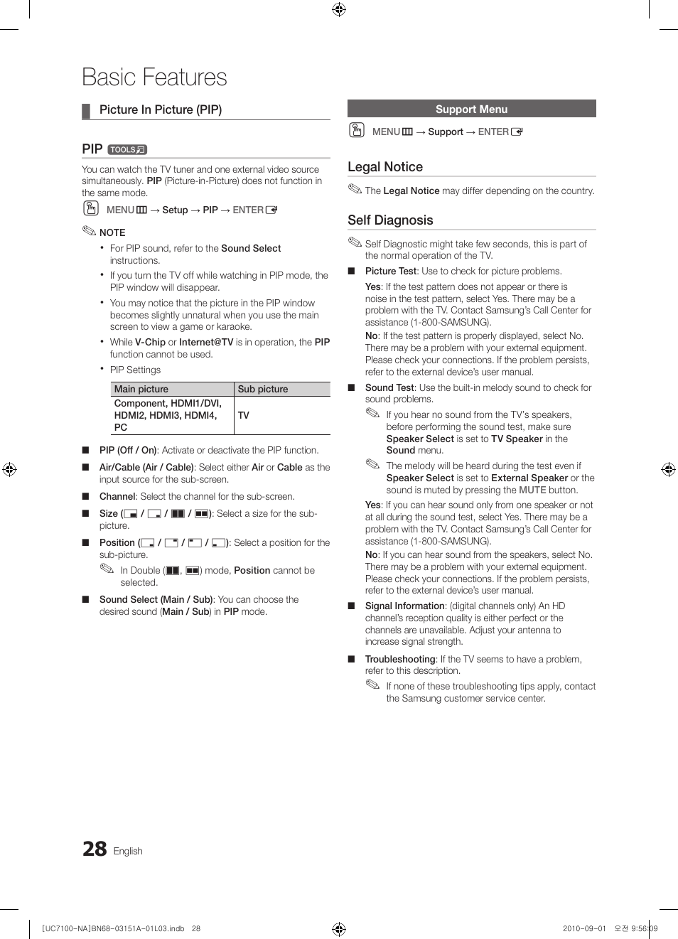 Support menu, Basic features | Samsung UN46C7100WFXZA User Manual | Page 28 / 201