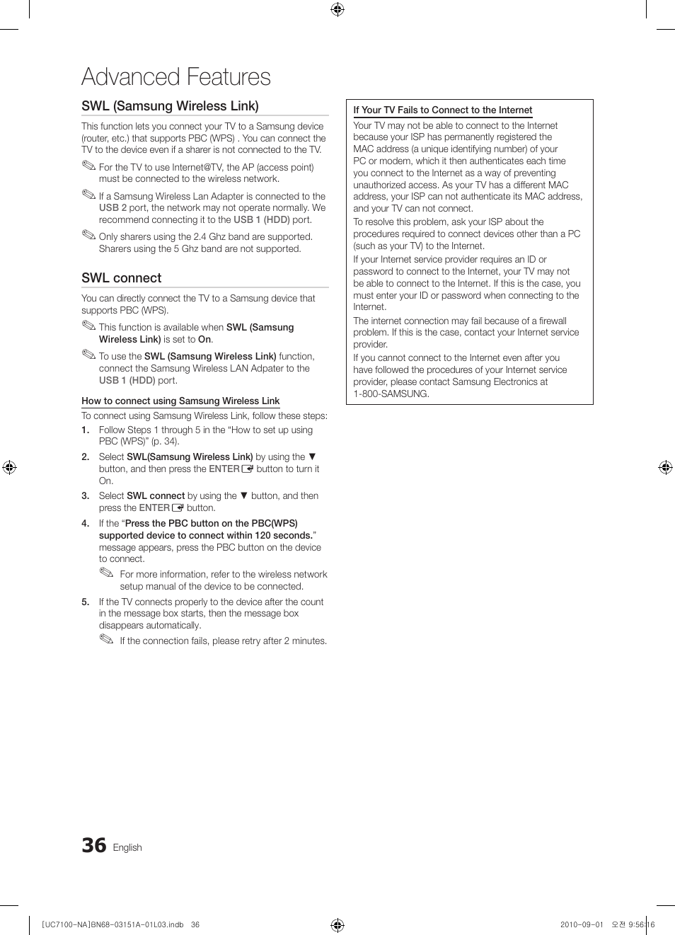 Advanced features | Samsung UN46C7100WFXZA User Manual | Page 36 / 201