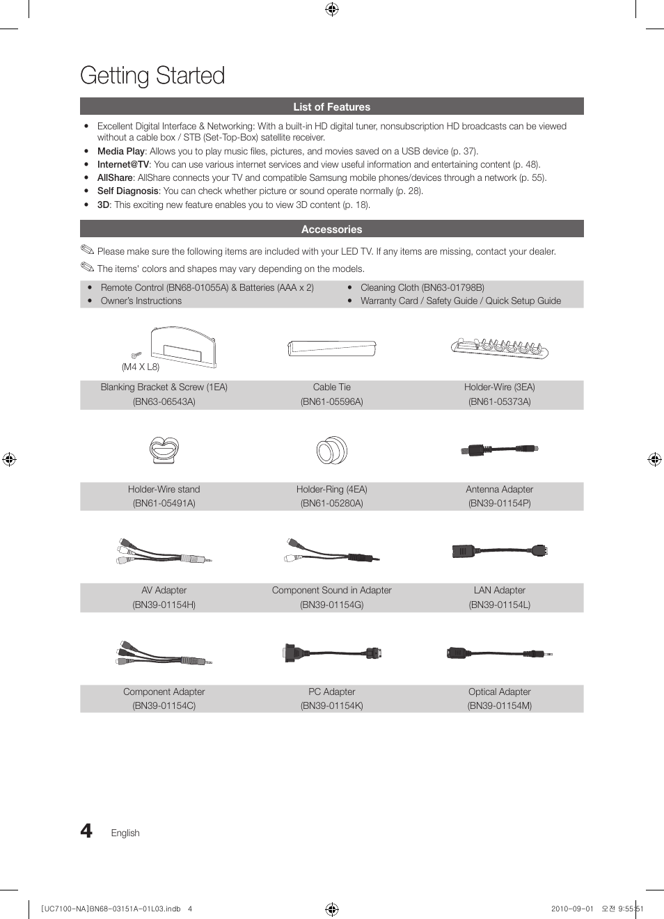 Getting started, List of features, Accessories | Samsung UN46C7100WFXZA User Manual | Page 4 / 201