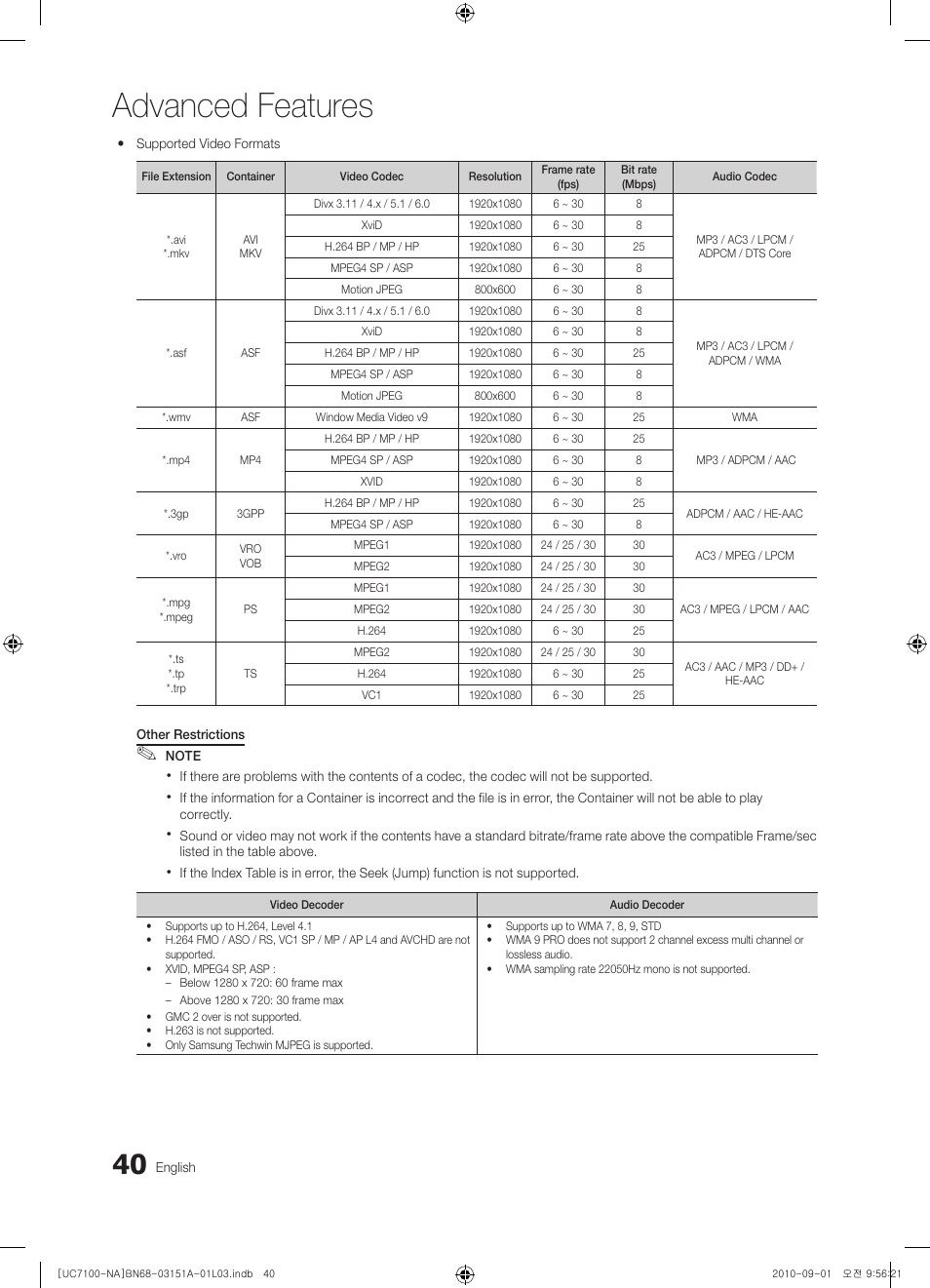 Advanced features | Samsung UN46C7100WFXZA User Manual | Page 40 / 201