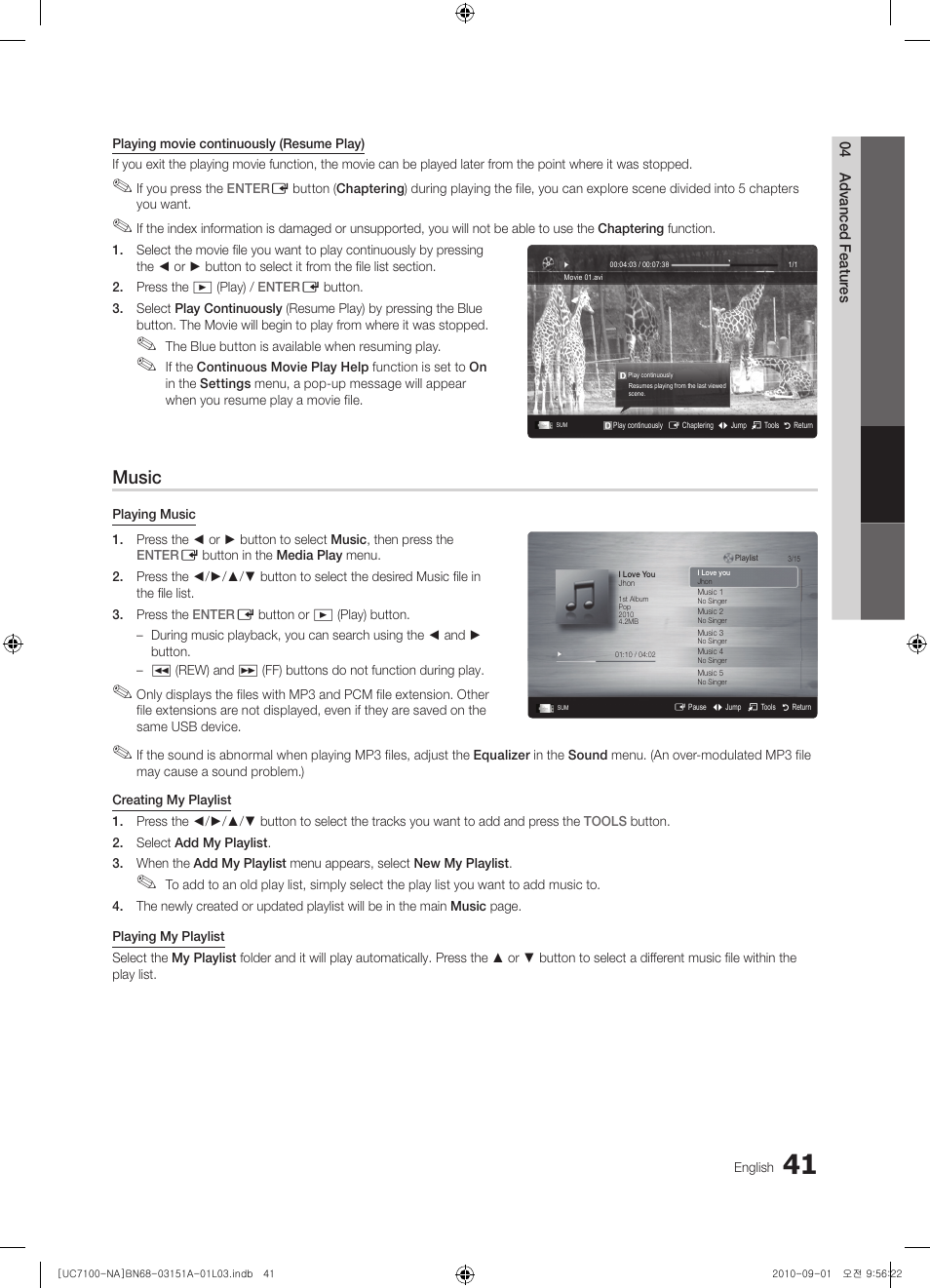 Music | Samsung UN46C7100WFXZA User Manual | Page 41 / 201