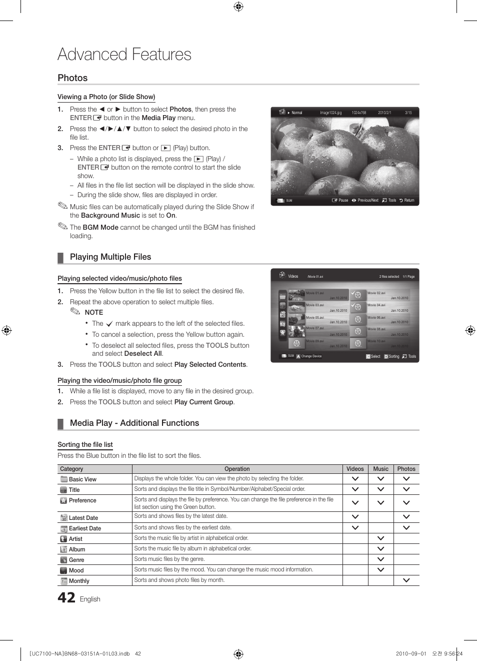 Advanced features, Photos, Playing multiple files | Media play - additional functions | Samsung UN46C7100WFXZA User Manual | Page 42 / 201