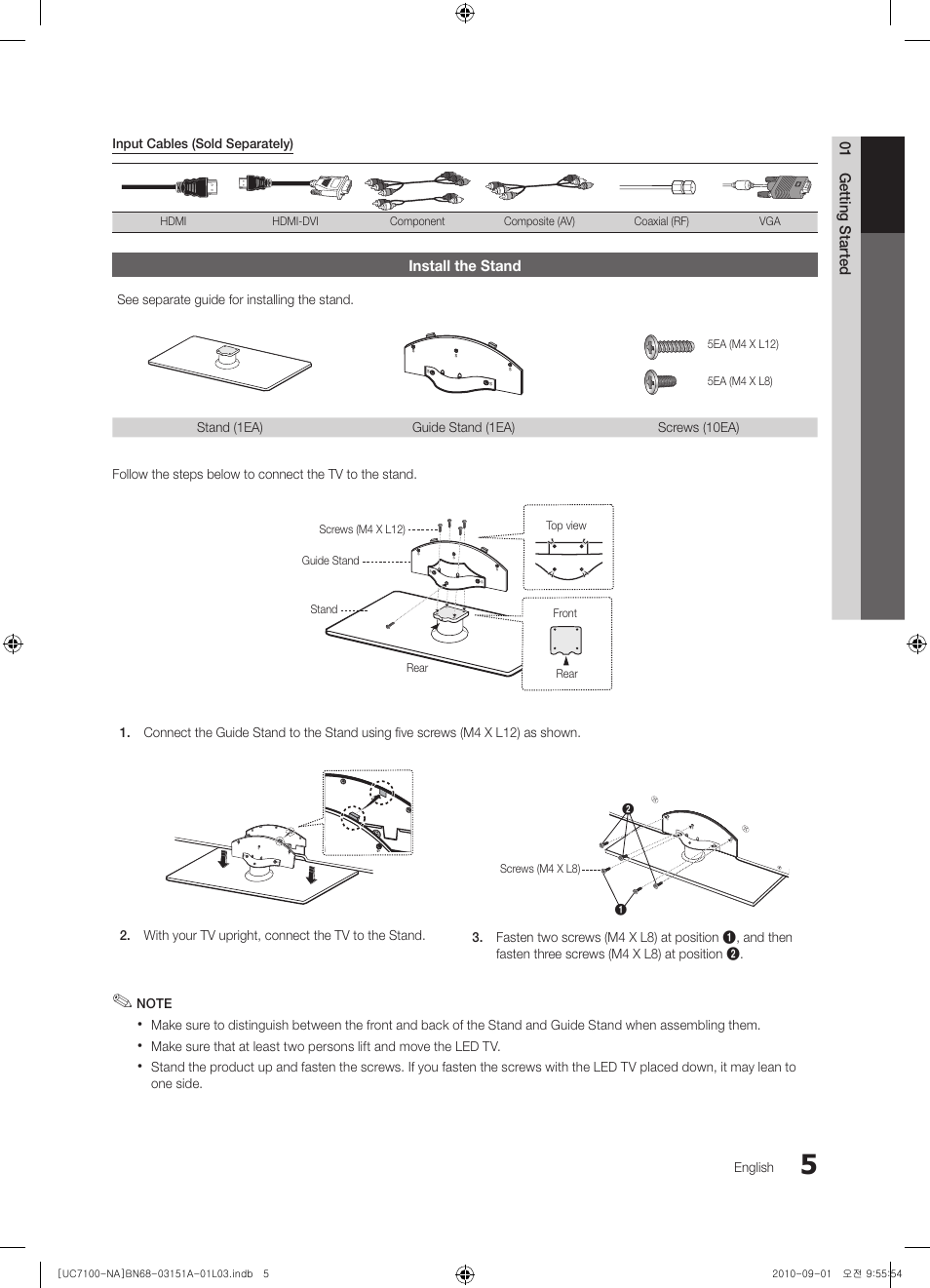 Install the stand, 01 getting started | Samsung UN46C7100WFXZA User Manual | Page 5 / 201