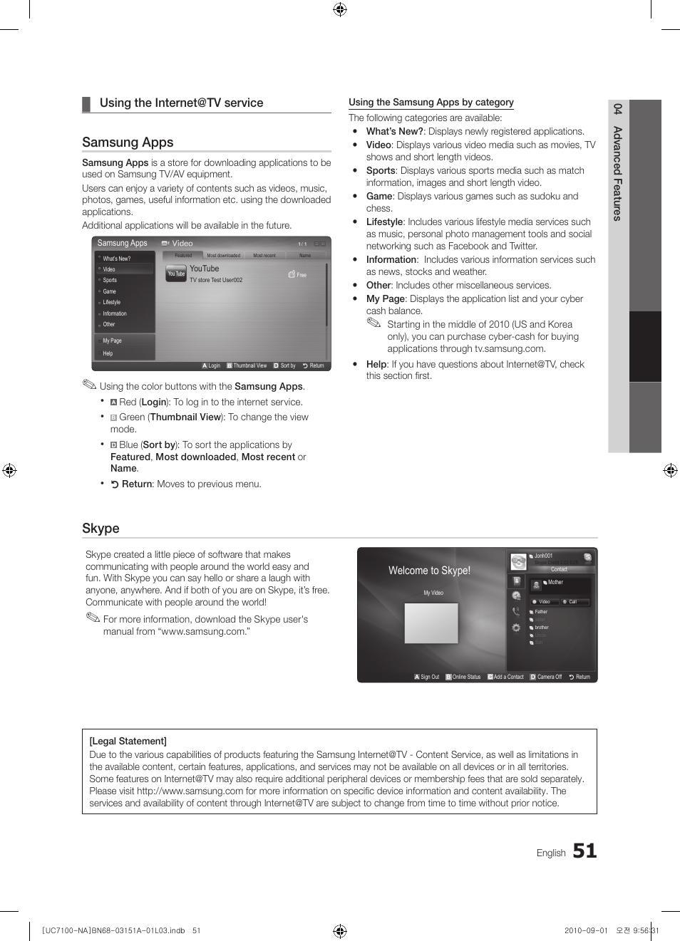 Samsung apps, Skype, Using the internet@tv service | Samsung UN46C7100WFXZA User Manual | Page 51 / 201