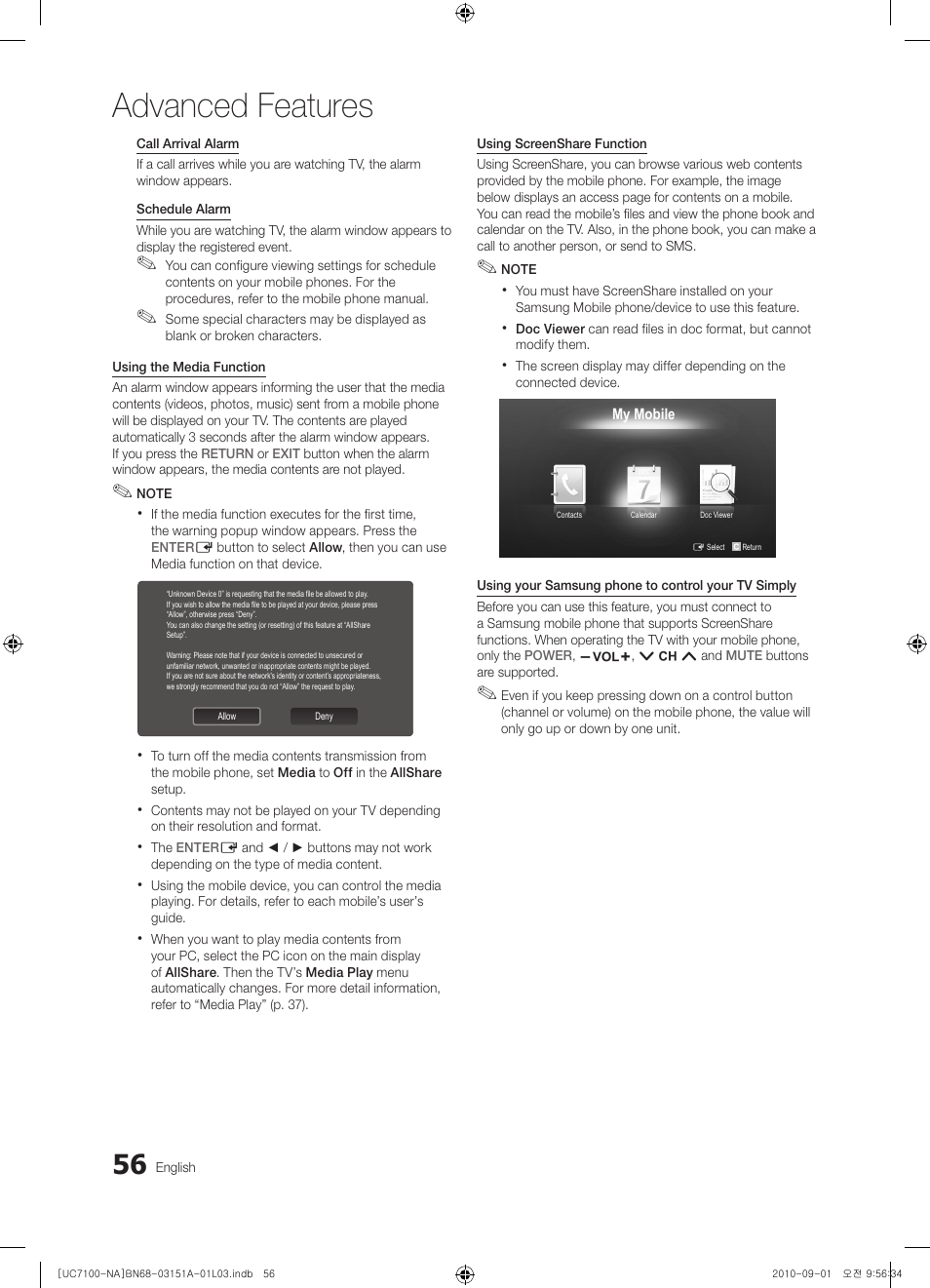 Advanced features | Samsung UN46C7100WFXZA User Manual | Page 56 / 201