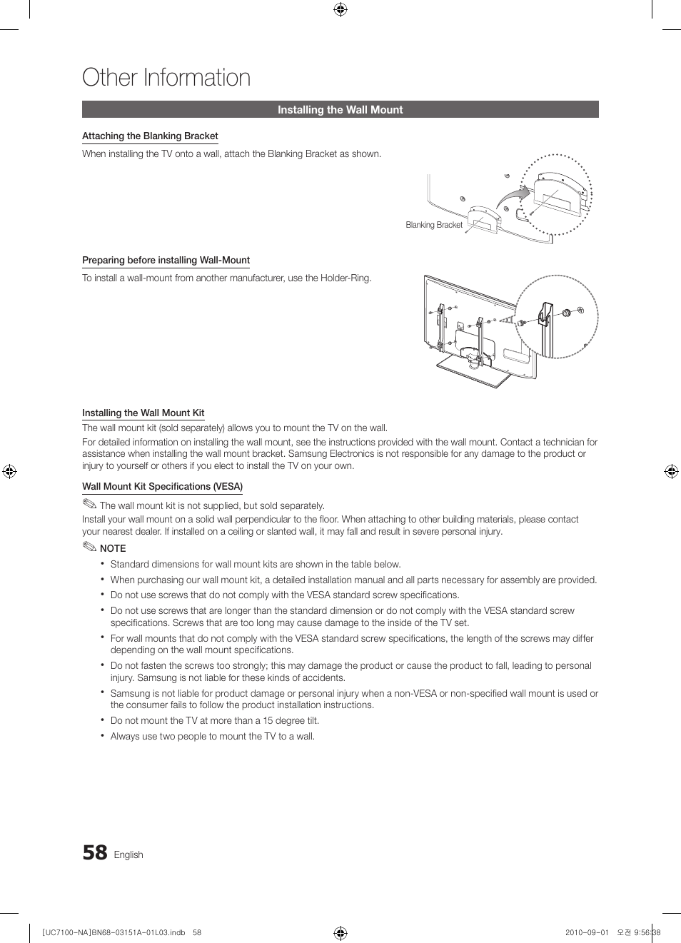 Installing the wall mount, Other information | Samsung UN46C7100WFXZA User Manual | Page 58 / 201