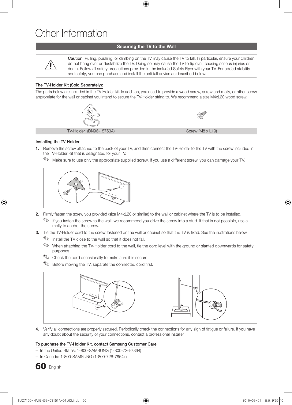 Securing the tv to the wall, Other information | Samsung UN46C7100WFXZA User Manual | Page 60 / 201