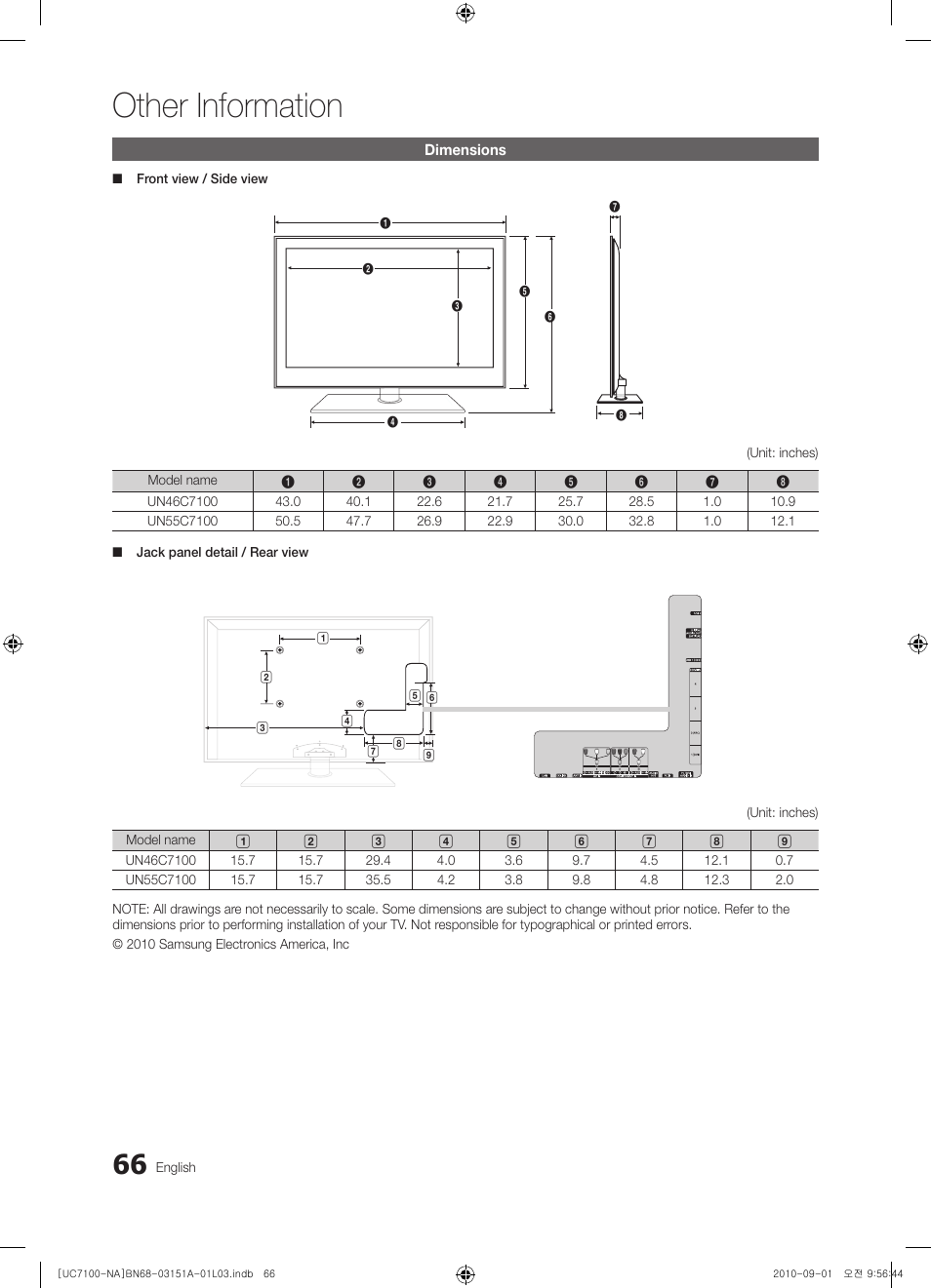 Dimensions, Other information | Samsung UN46C7100WFXZA User Manual | Page 66 / 201