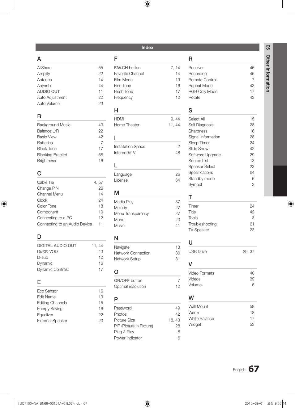 Index | Samsung UN46C7100WFXZA User Manual | Page 67 / 201