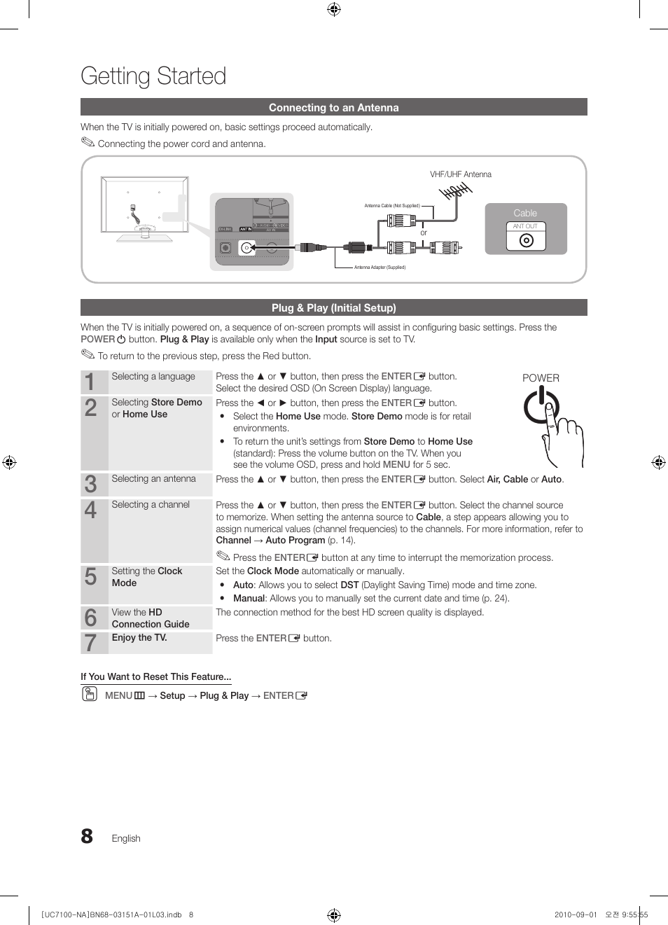 Connecting to an antenna, Plug & play (initial setup), Getting started | Info guide | Samsung UN46C7100WFXZA User Manual | Page 8 / 201