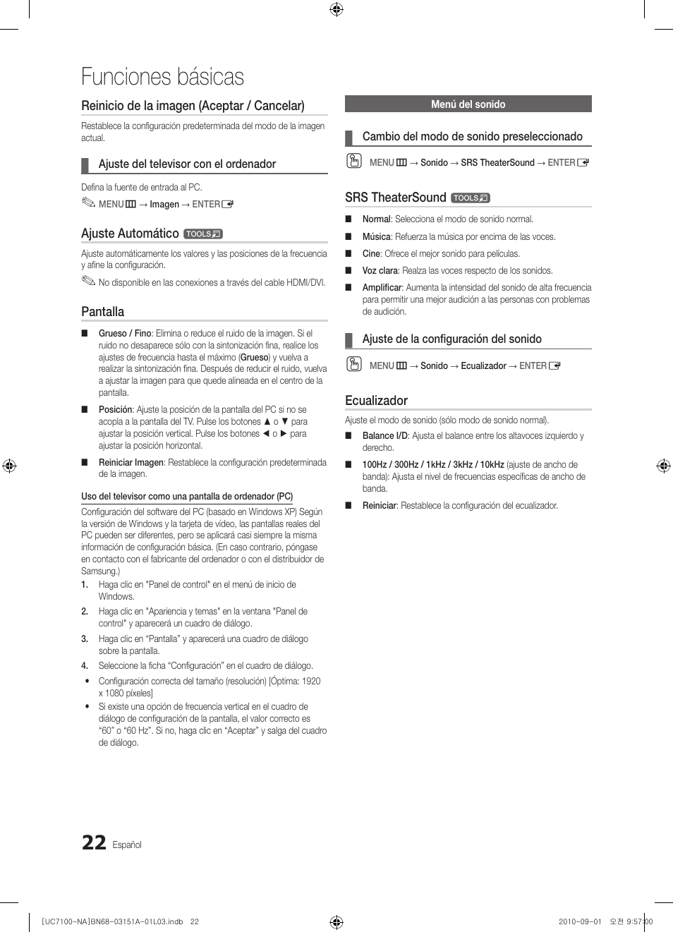 Funciones básicas, Reinicio de la imagen (aceptar / cancelar), Ajuste automático | Pantalla, Srs theatersound, Ecualizador | Samsung UN46C7100WFXZA User Manual | Page 89 / 201