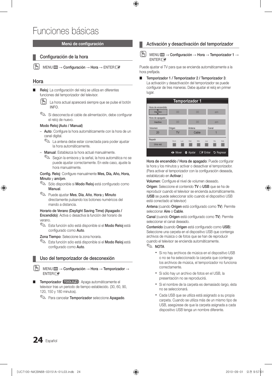 Funciones básicas, Hora | Samsung UN46C7100WFXZA User Manual | Page 91 / 201