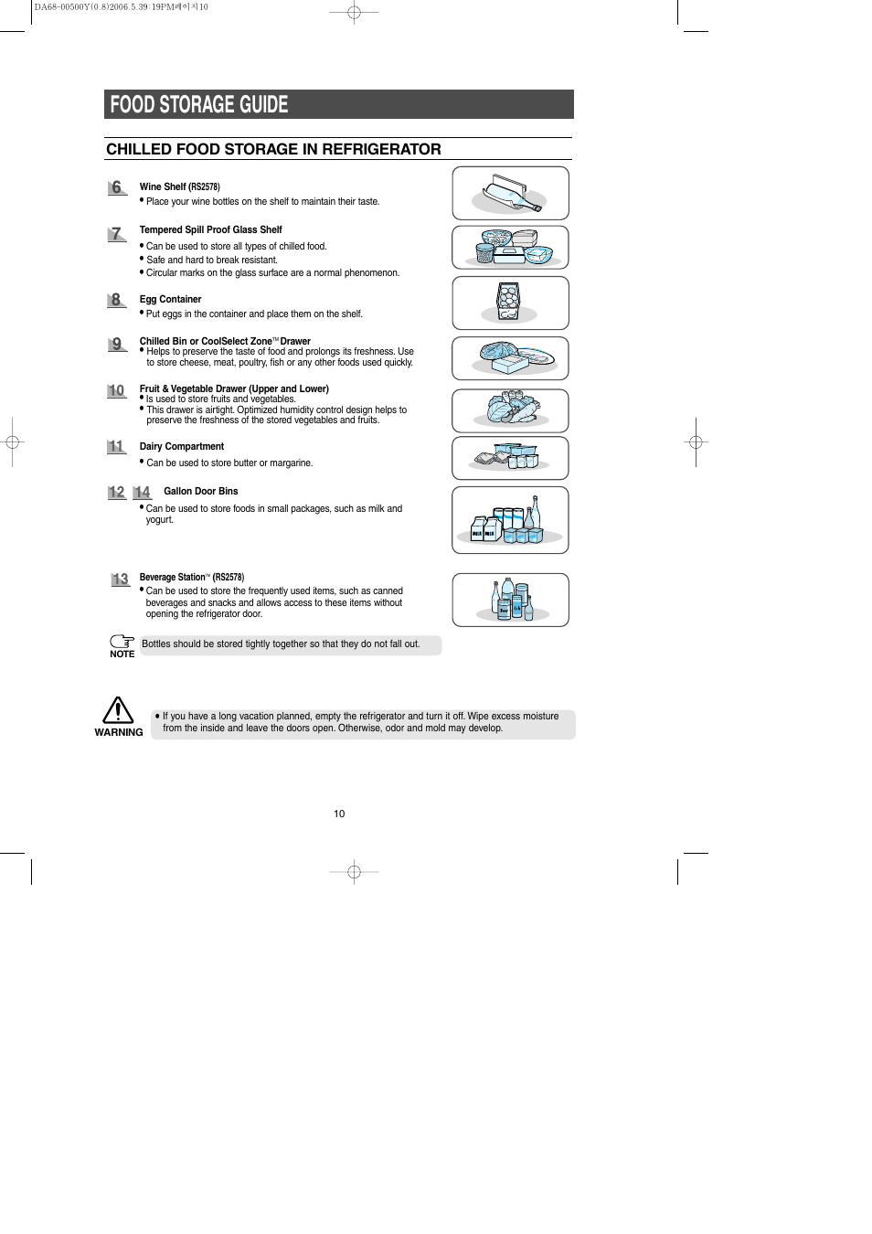 Food storage guide, Chilled food storage in refrigerator | Samsung RS2534WW-XAA User Manual | Page 10 / 32