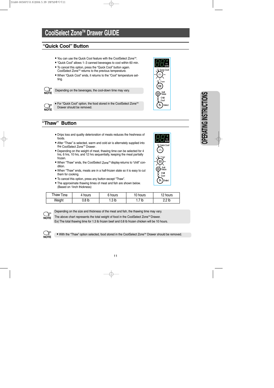 Coolselect zonetm drawer guide, Opera ting instr uctions, Coolselect zone | Drawer guide | Samsung RS2534WW-XAA User Manual | Page 11 / 32