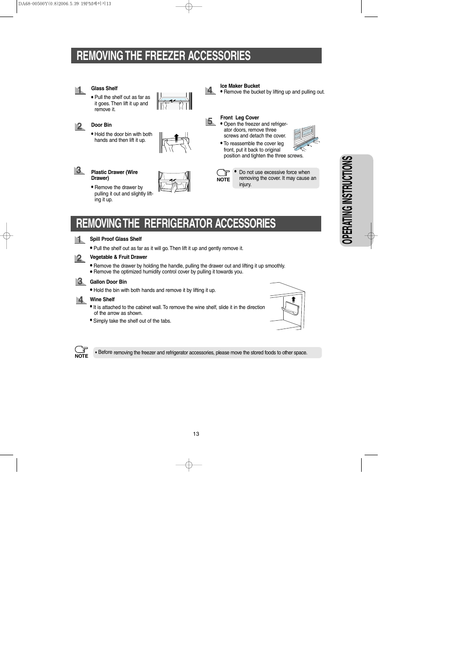 Removing the freezer accessories, Removing the refrigerator accessories, Opera ting instr uctions | Samsung RS2534WW-XAA User Manual | Page 13 / 32