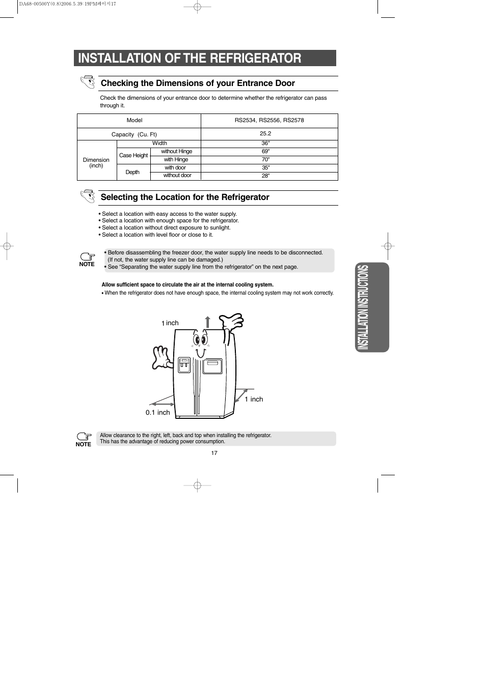 Installation of the refrigerator, Inst alla tion instr uctions | Samsung RS2534WW-XAA User Manual | Page 17 / 32