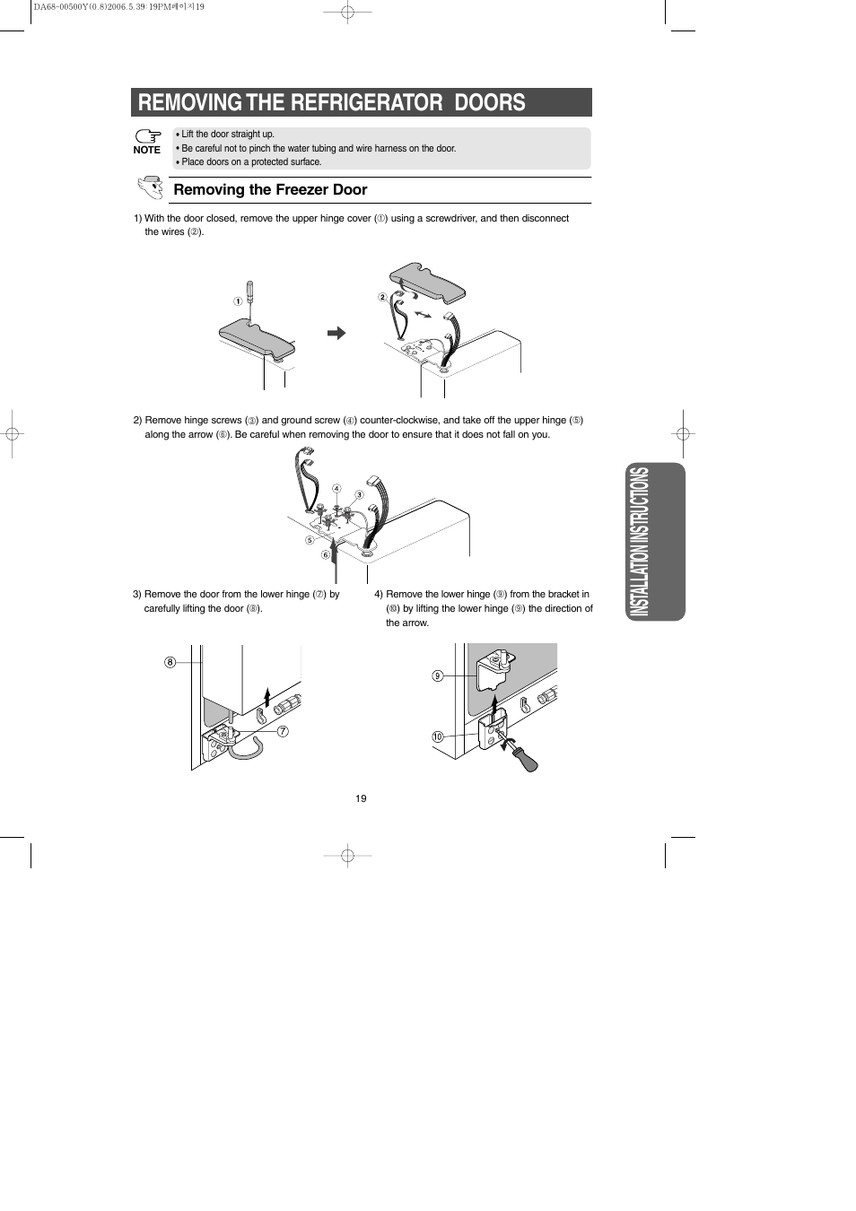 Inst alla tion instr uctions, Removing the refrigerator doors | Samsung RS2534WW-XAA User Manual | Page 19 / 32