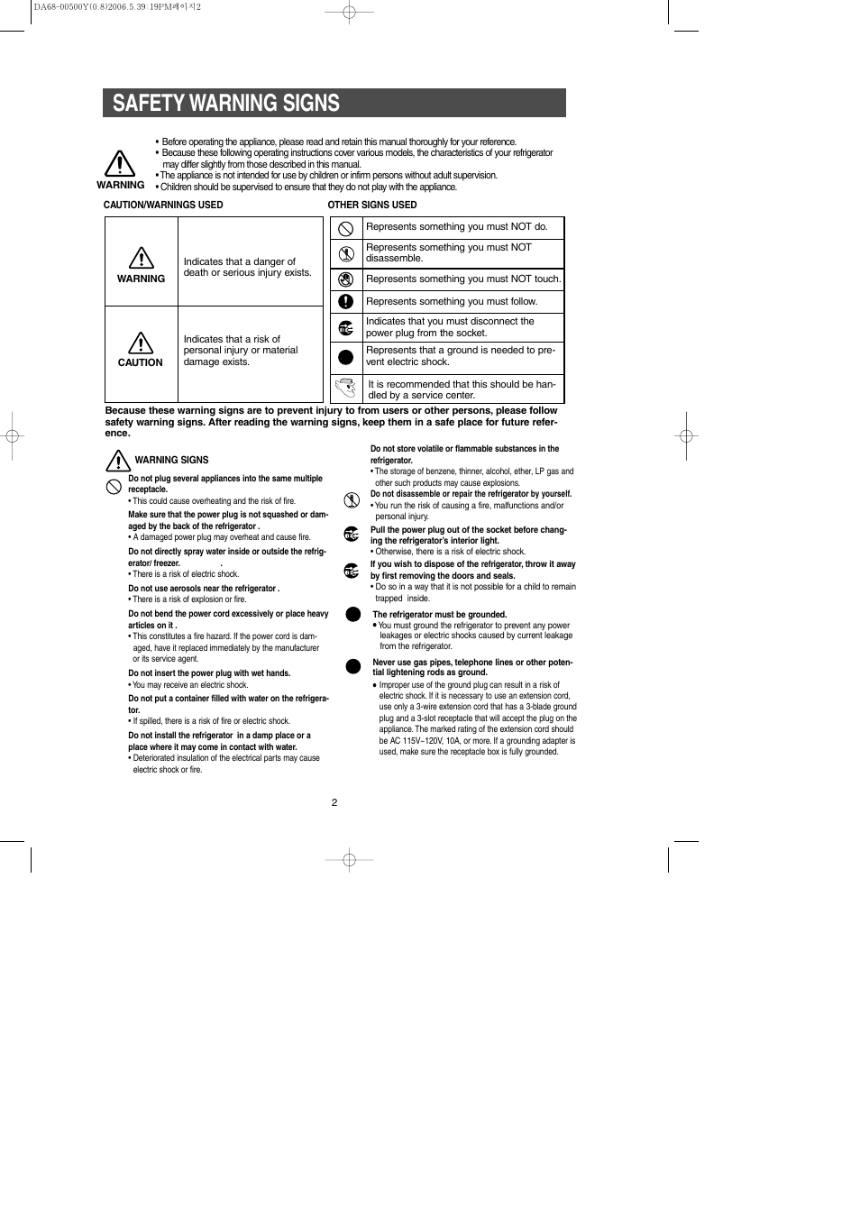 Safety warning signs | Samsung RS2534WW-XAA User Manual | Page 2 / 32