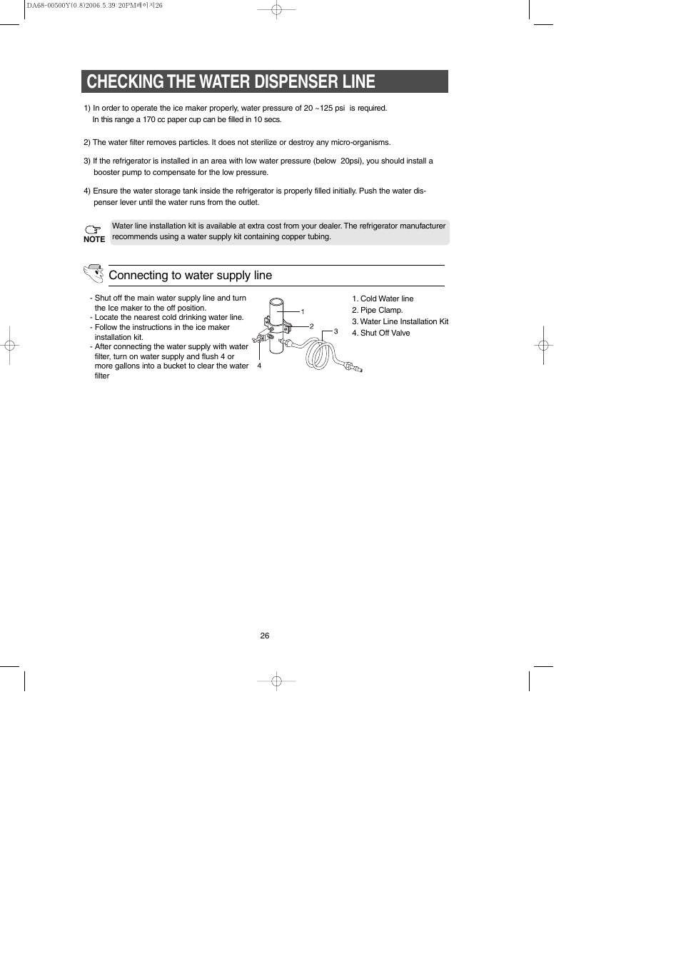 Checking the water dispenser line, Connecting to water supply line | Samsung RS2534WW-XAA User Manual | Page 26 / 32