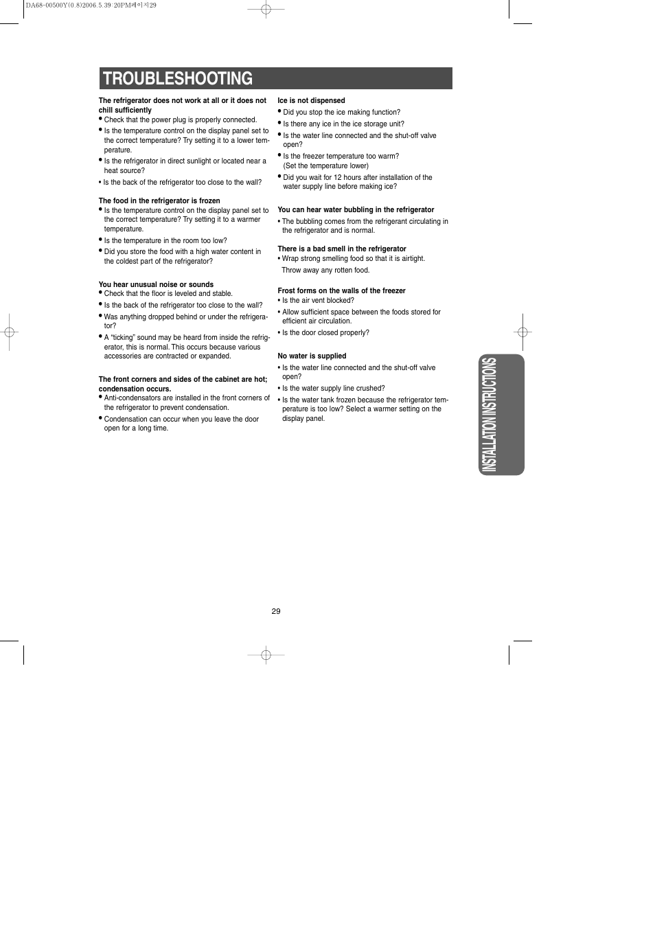 Troubleshooting, Inst alla tion instr uctions | Samsung RS2534WW-XAA User Manual | Page 29 / 32
