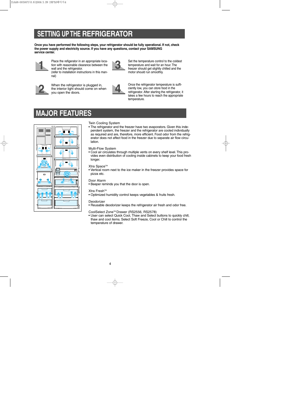 Setting up the refrigerator, Major features | Samsung RS2534WW-XAA User Manual | Page 4 / 32