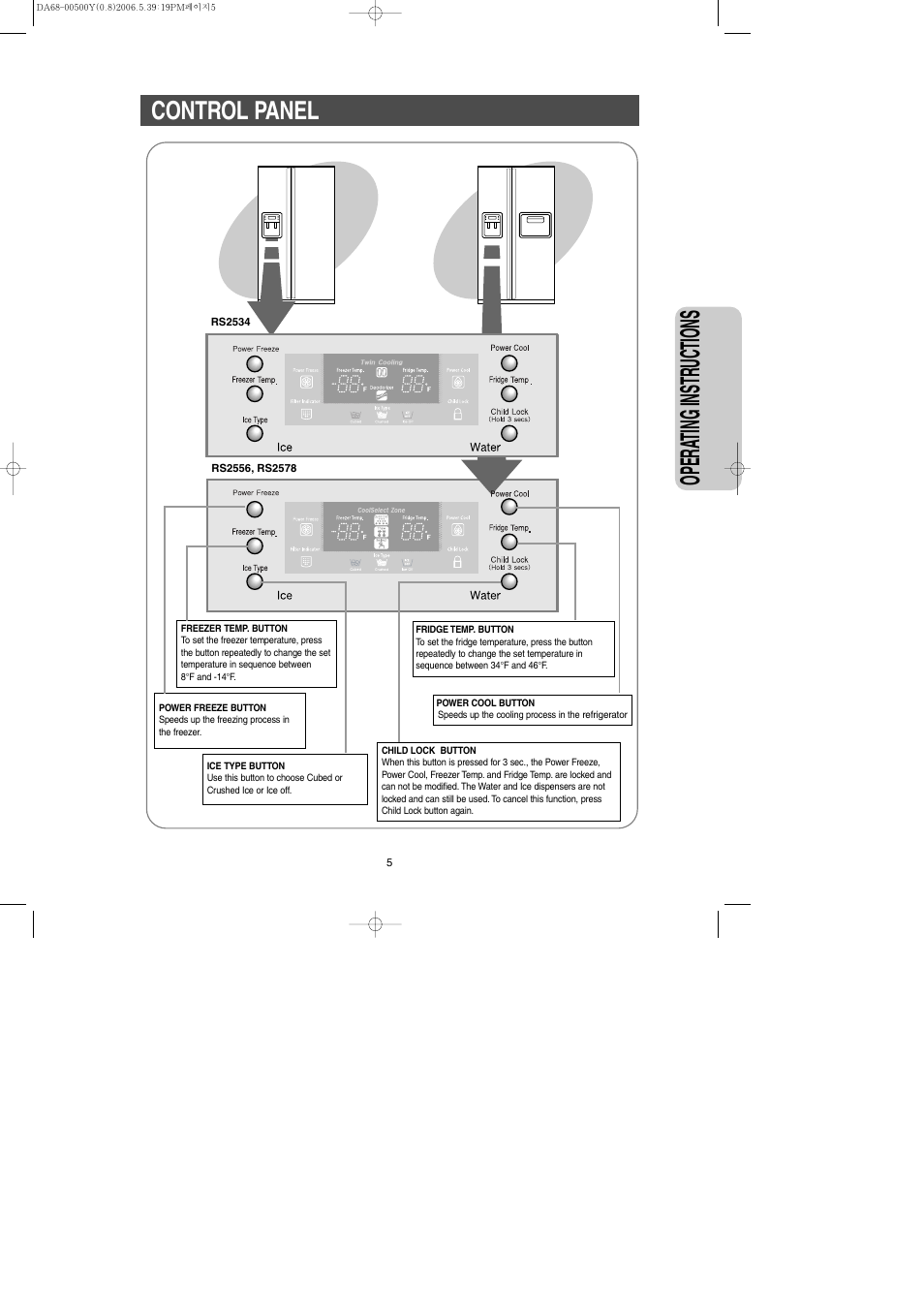 Control panel, Opera ting instr uctions | Samsung RS2534WW-XAA User Manual | Page 5 / 32