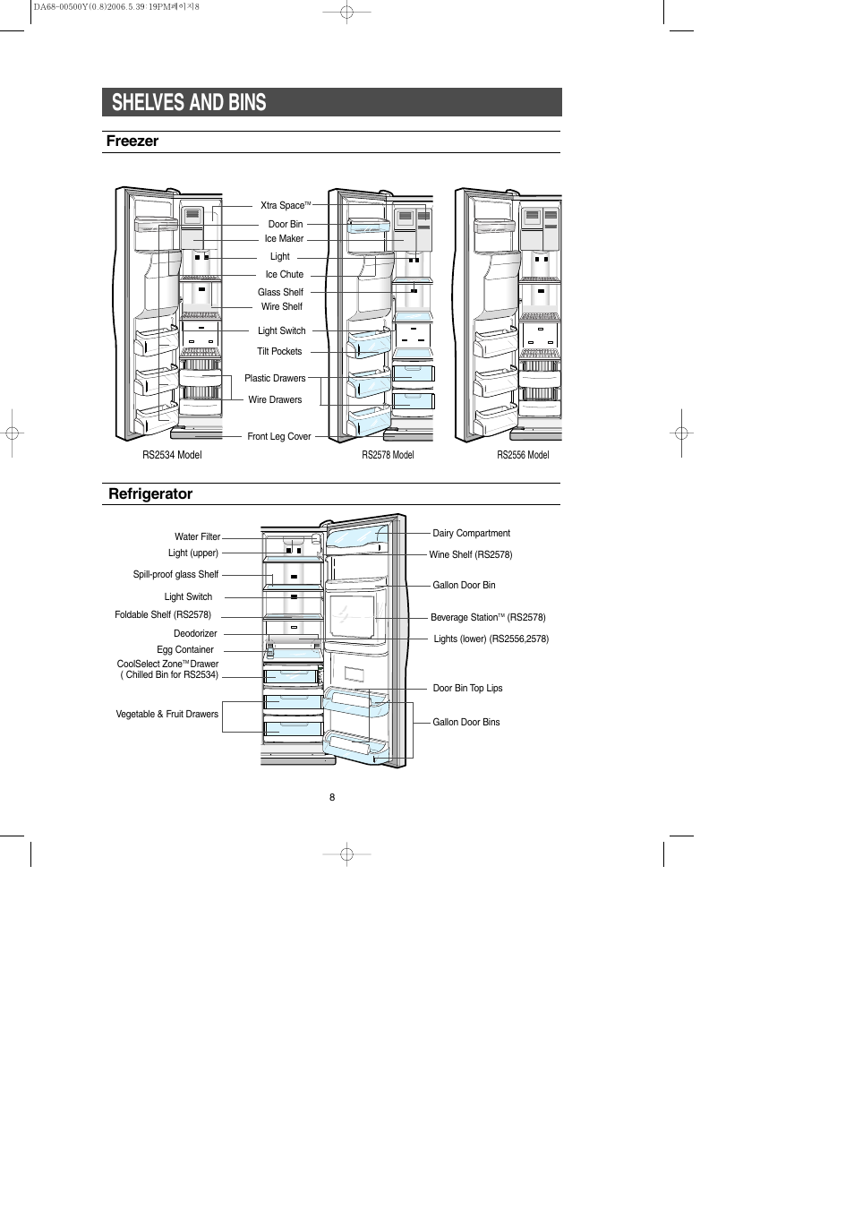 Shelves and bins, Freezer, Refrigerator | Samsung RS2534WW-XAA User Manual | Page 8 / 32