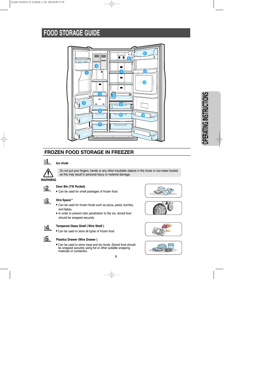 Food storage guide, Opera ting instr uctions | Samsung RS2534WW-XAA User Manual | Page 9 / 32